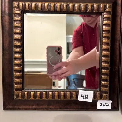 Square wall mirror with a beveled glass edge and a bronze-toned carved frame, measuring 12 by 12 inches.