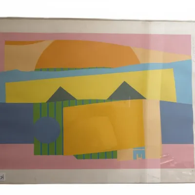 Framed mid-century abstract serigraph print featuring geometric shapes in pastel and primary colors, pencil-signed and numbered in the...