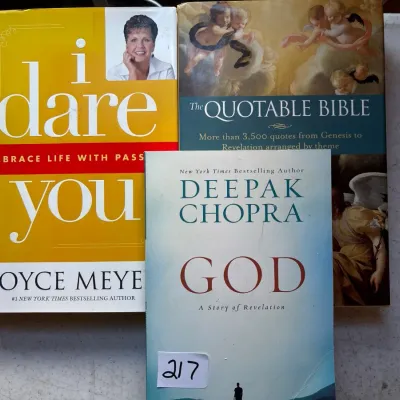 Trio of inspirational and religious books including titles by Joyce Meyer and Deepak Chopra, along with The Quotable Bible.