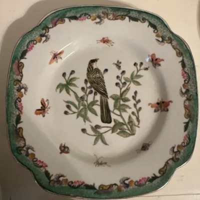 Vintage scalloped square porcelain plate featuring a central bird perched on a branch, surrounded by insects and a green floral border...