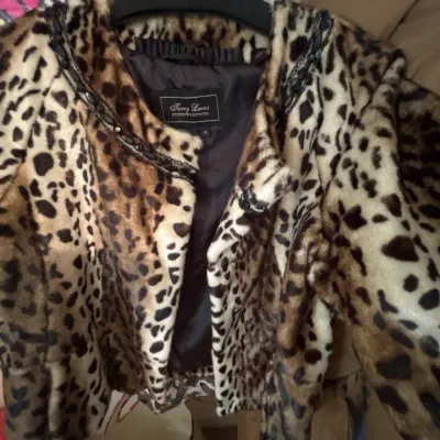 Terry Lewis faux fur leopard print jacket with beaded trim around the collar, size 1X.