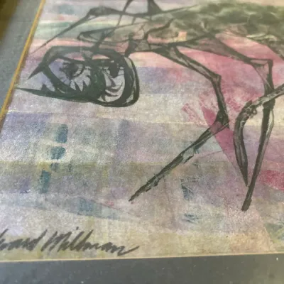 Framed mid-century abstract mixed media artwork featuring an insectoid figure, signed by Edward Millman in the lower left corner.
