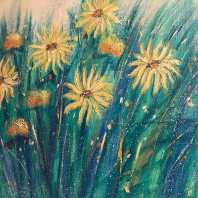 Vintage impasto oil painting on canvas depicting yellow daisies set against a rich teal and blue background, framed.