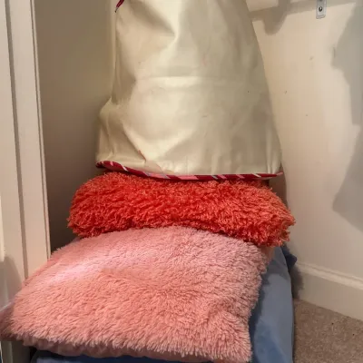 Stack of colorful plush floor and accent pillows topped with a white tote bag inside a closet.