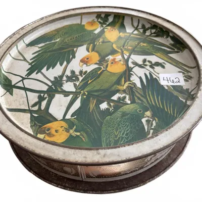 Vintage round metal tin featuring an Audubon-style illustration of green and yellow parakeets on the lid.