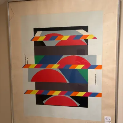 Framed mid-century abstract geometric silkscreen print featuring bold primary colors and striped bands, housed in a thin metal frame.