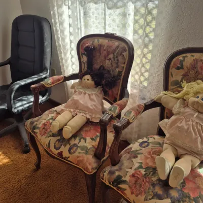 Sale Photo Thumbnail #17: Pair of vintage French provincial style armchairs with floral tapestry upholstery, each displaying a vintage Cabbage Patch Kids doll.