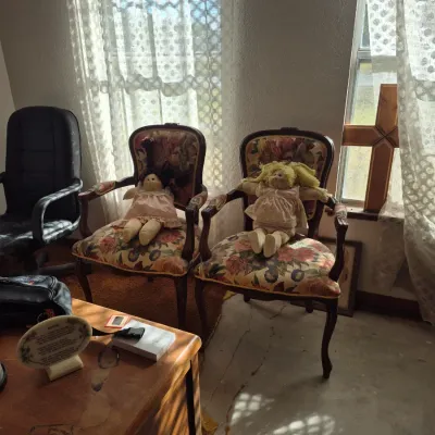 Sale Photo Thumbnail #15: Pair of vintage floral upholstered French provincial-style armchairs displaying vintage Cabbage Patch Kids dolls.