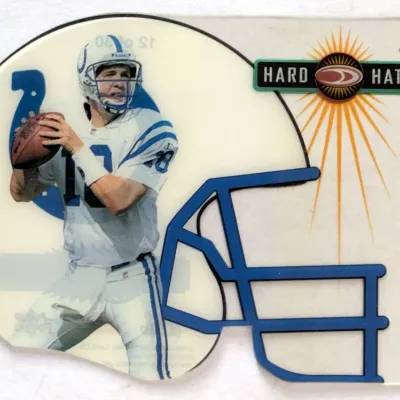 1999 Donruss Preferred QBs Peyton Manning Hard Hats clear acetate helmet-shaped trading card.