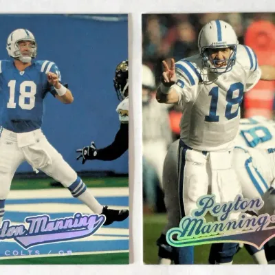 Pair of Fleer Ultra Peyton Manning Indianapolis Colts trading cards featuring home and away jersey action shots.