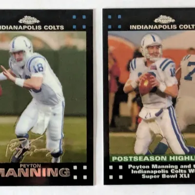 Pair of Topps Chrome Indianapolis Colts football trading cards featuring quarterback Peyton Manning.