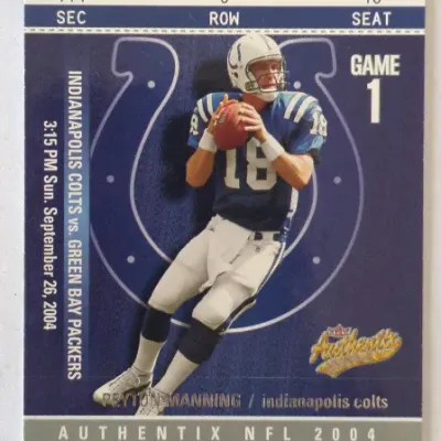 2004 Fleer Authentix Peyton Manning trading card styled as an Indianapolis Colts vs. Green Bay Packers game ticket.