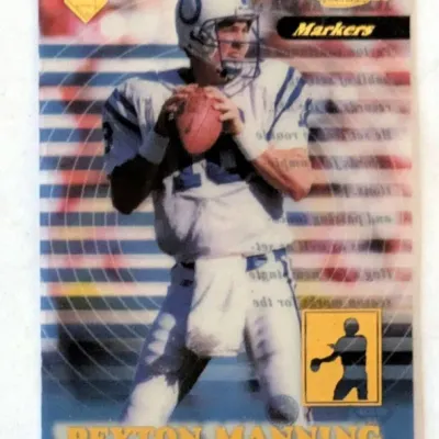 Collector's Peyton Manning Upper Deck Supreme Markers football trading card featuring him in his Indianapolis Colts uniform.