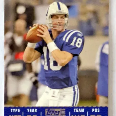 Topps TX Exclusive 1998 Peyton Manning football card featuring him in his Indianapolis Colts uniform.