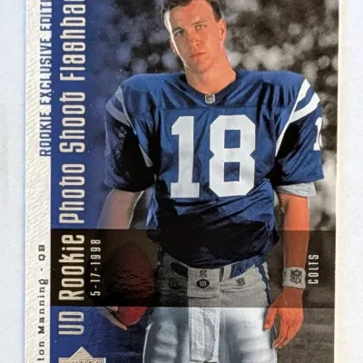 1998 Upper Deck Peyton Manning 'Rookie Photo Shoot Flashback' Exclusive Edition trading card #18, showing the Indianapolis...