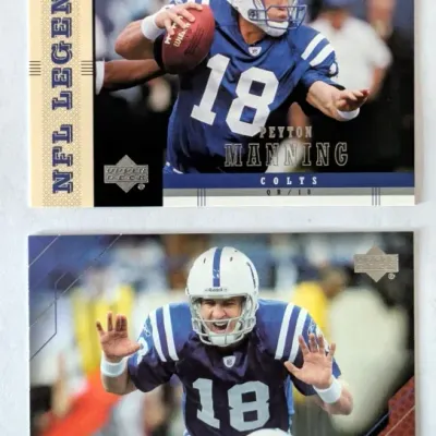 Pair of Upper Deck Peyton Manning football trading cards featuring the quarterback in his Indianapolis Colts uniform.