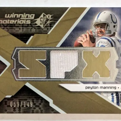 Upper Deck SPx Winning Materials Peyton Manning jersey swatch football card, serial numbered 059/149.