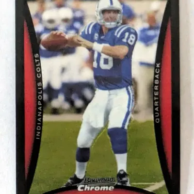 2007 Bowman Chrome Peyton Manning football card featuring the Indianapolis Colts quarterback in action, shown in good overall condition.