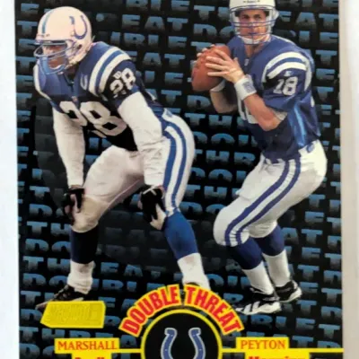 1998 Stadium Club 'Double Threat' insert card featuring Indianapolis Colts teammates Marshall Faulk and Peyton Manning.