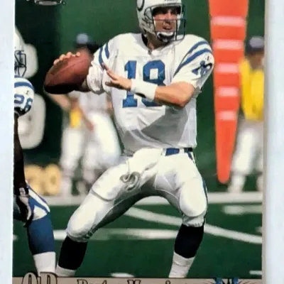 Peyton Manning Pacific football trading card featuring him in his Indianapolis Colts uniform.