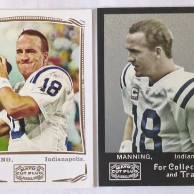 Pair of 2008 Topps Mayo Cut Plug Peyton Manning Indianapolis Colts football trading cards in good condition.