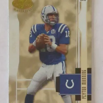 Peyton Manning Leaf Certified Materials trading card featuring him in his Indianapolis Colts uniform.