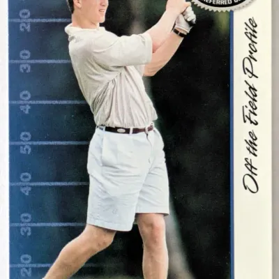 2000 Donruss Preferred QBC Peyton Manning "Off the Field Profile" trading card featuring him golfing.