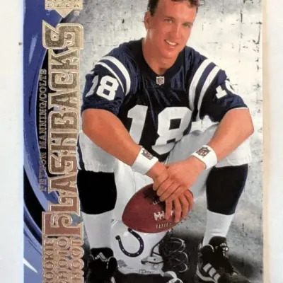 1998 Upper Deck Flashbacks Peyton Manning Rookie Photo Shoot trading card, featuring him in his Indianapolis Colts uniform.