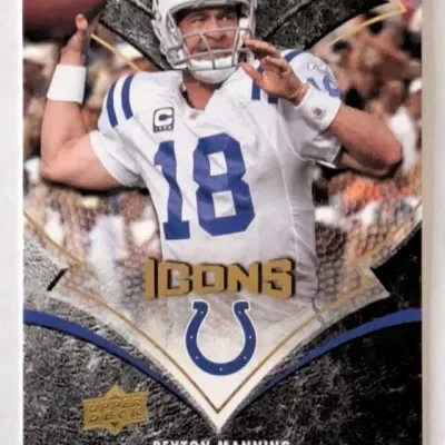 Upper Deck Icons Peyton Manning Indianapolis Colts football trading card featuring a die-cut graphic border.