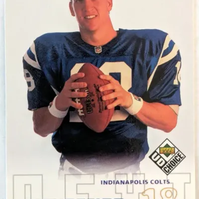 1998 Upper Deck Choice 'Domination' Peyton Manning rookie football trading card #18 for the Indianapolis Colts.