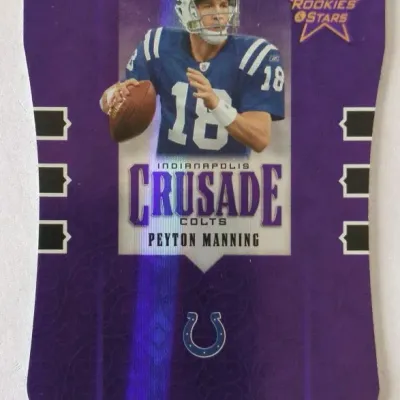 2001 Leaf Rookies & Stars Crusade purple parallel trading card featuring Peyton Manning of the Indianapolis Colts.