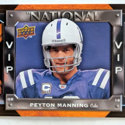 Upper Deck Peyton Manning Indianapolis Colts football trading card, 'The National' VIP promo edition.