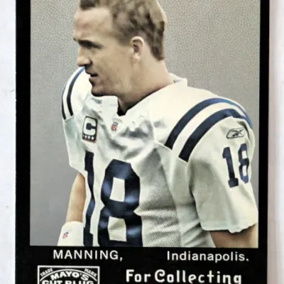 2008 Topps Mayo's Cut Plug Peyton Manning football card in good condition.