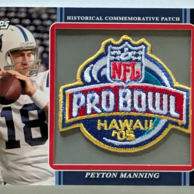 2009 Topps Postseason Patches Peyton Manning football card featuring an embedded NFL Pro Bowl Hawaii '05 historical commemorative...