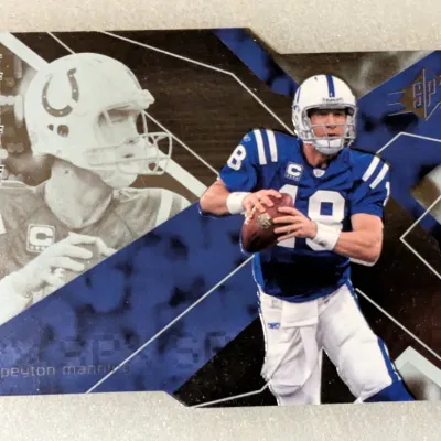 Upper Deck SPx Peyton Manning Indianapolis Colts die-cut trading card in good condition.