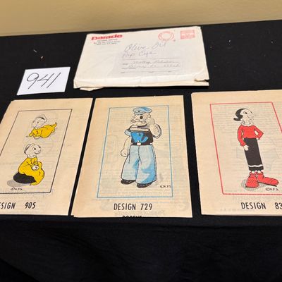 vintage mail-order sewing pattern for a 16-inch Popeye the Sailor stuffed doll (Design 729) Ollie and Swee’ Pea