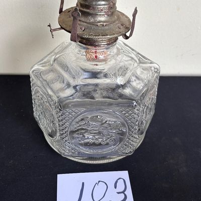 VTG Lamplight Farms Oil Lamp Base Hexagon Horse& Buggy Pressed Glass Amish Style