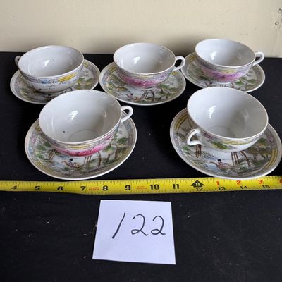 Vintage Nippon Hand Painted Cup/Saucer - Landscape Moriage and People DELICATE Set