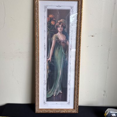 Vintage Lady Portrait Print in Ornate Gold Frame Hollywood Regency