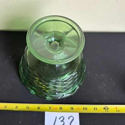 VTG Indiana Glass Green Quilted Diamond RARE Bowl Scalloped Edge on Pedestal