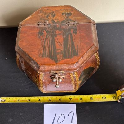 1970s Jewelry Box Chest Anton Pieck Decoupage Wood Octagon Cottagecore