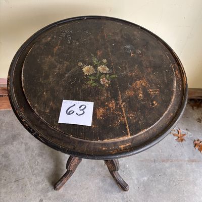 Antique Vtg ACCENT TABLE WOOD Painted Flower