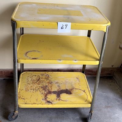 Yellow 3 Shelf Metal Utility Cart vintage three tier rolling serving