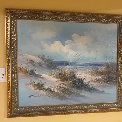 Framed Signed R. Taylon Beach Landscape Seascape Painting on Canvas