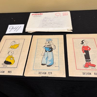 vintage mail-order sewing pattern for a 16-inch Popeye the Sailor stuffed doll (Design 729) Ollie and Swee’ Pea