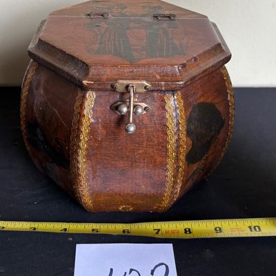 1970s Jewelry Box Chest Anton Pieck Decoupage Wood Octagon Cottagecore