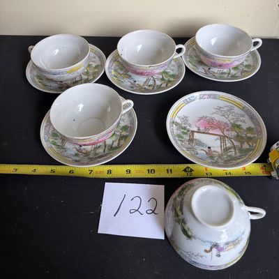 Vintage Nippon Hand Painted Cup/Saucer - Landscape Moriage and People DELICATE Set