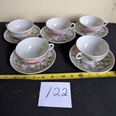 Vintage Nippon Hand Painted Cup/Saucer - Landscape Moriage and People DELICATE Set