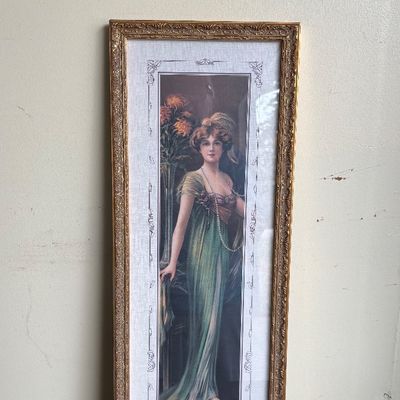 Vintage Lady Portrait Print in Ornate Gold Frame Hollywood Regency