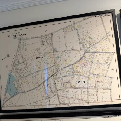 Sale Photo Thumbnail #116: Large framed vintage atlas map print of the Town of Montclair, designated as Plate 22, in a modern black frame.